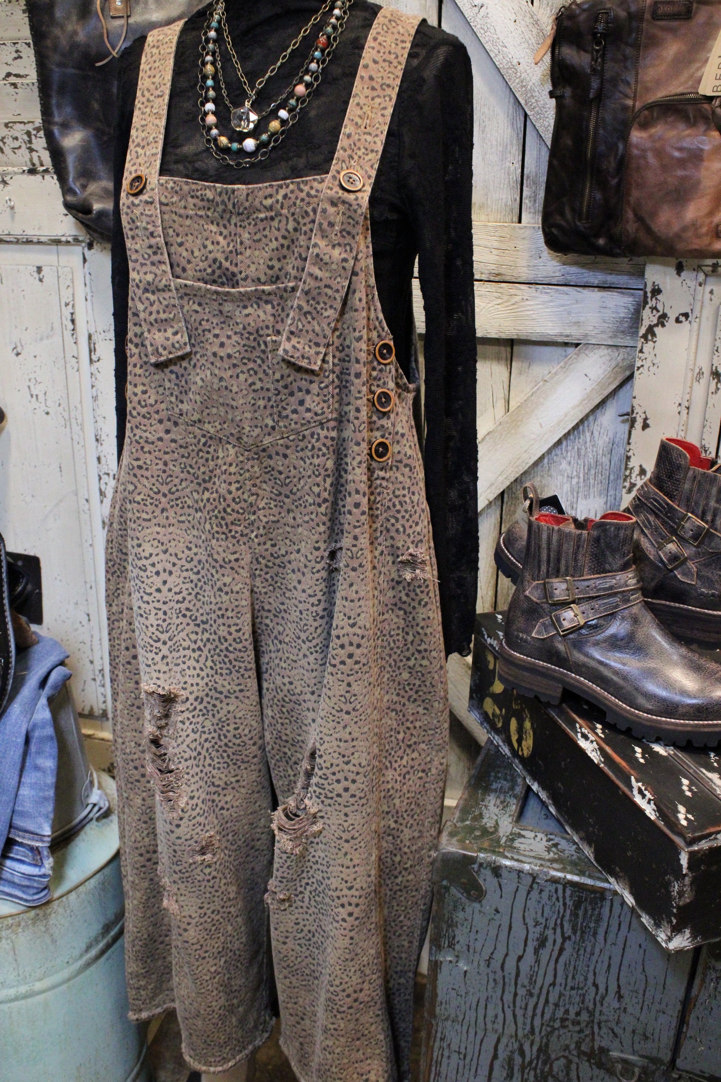 Wild Side Distressed Mocha Overalls