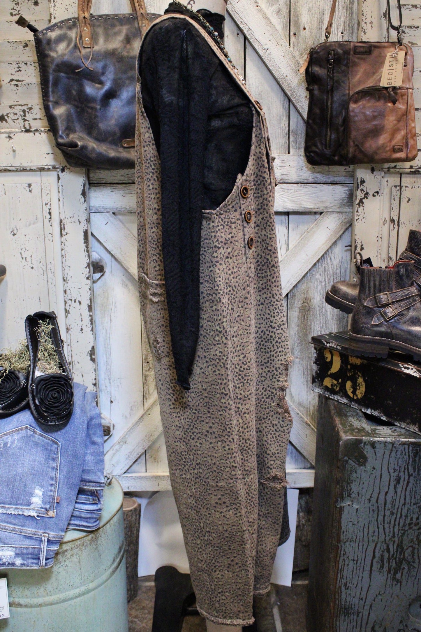 Wild Side Distressed Mocha Overalls