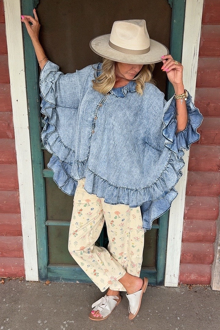 Misty Morning Denim Poncho Blouse