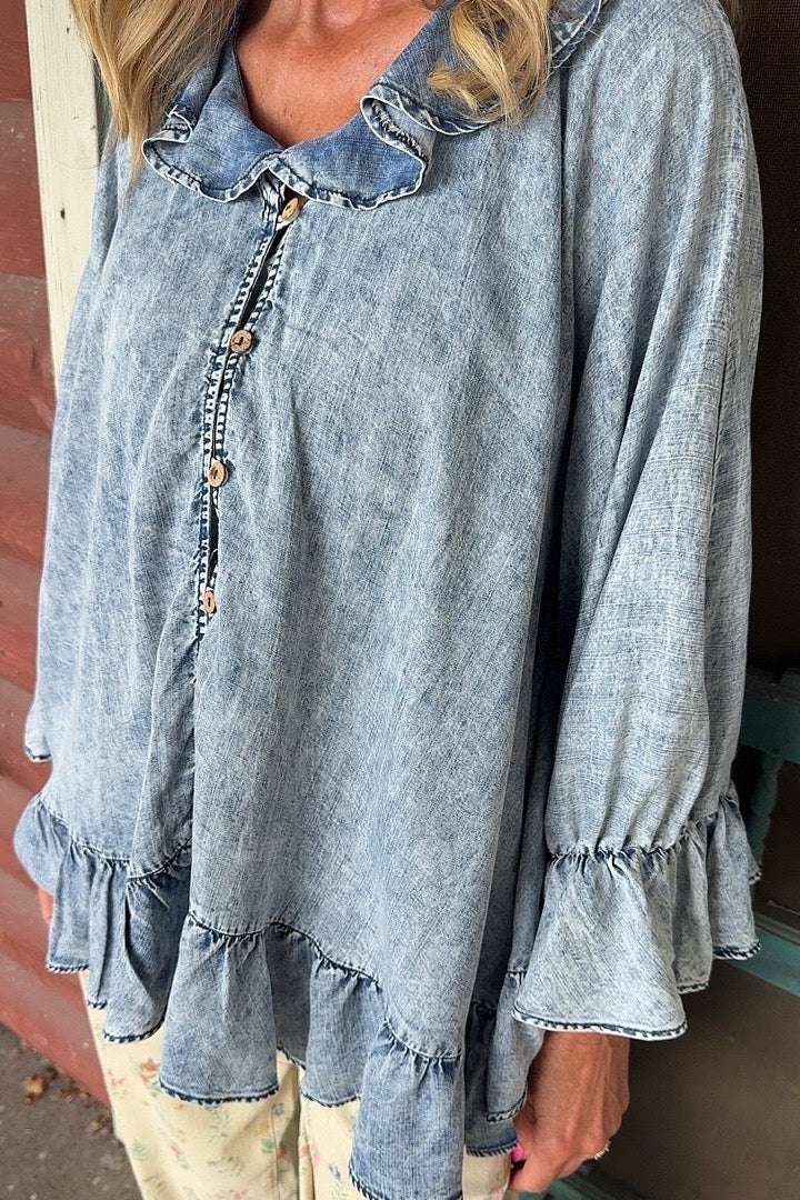 Misty Morning Denim Poncho Blouse