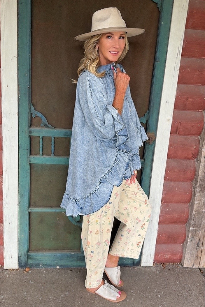 Misty Morning Denim Poncho Blouse