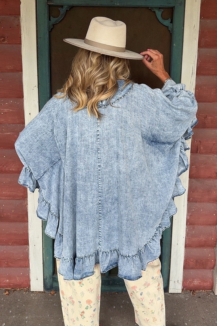 Misty Morning Denim Poncho Blouse