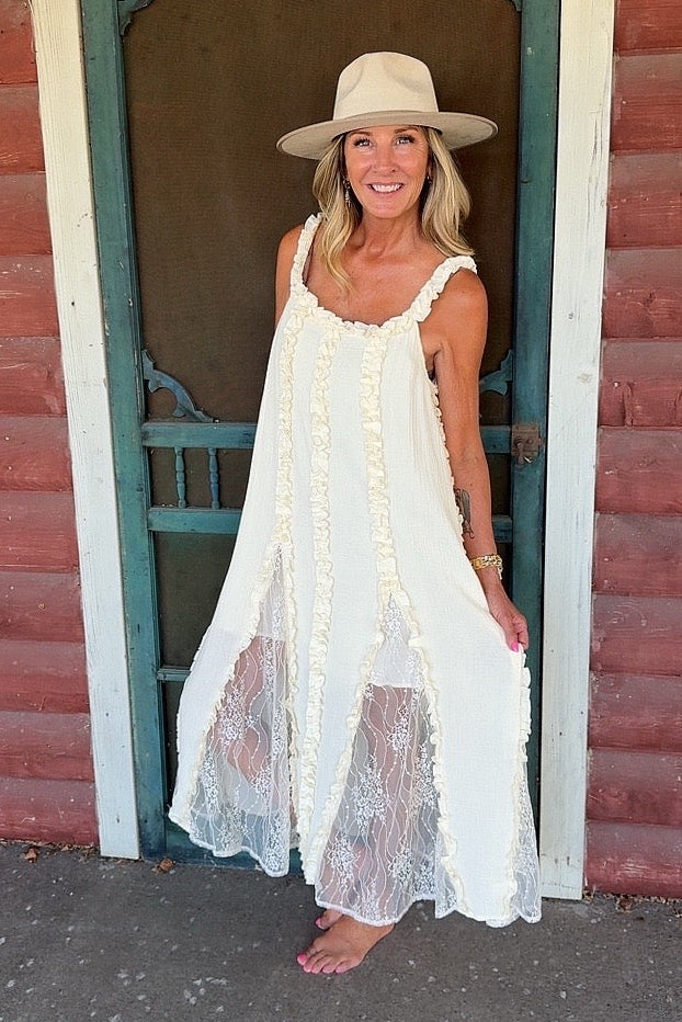 Cream Cascade Ruffles & Lace Tank Dress