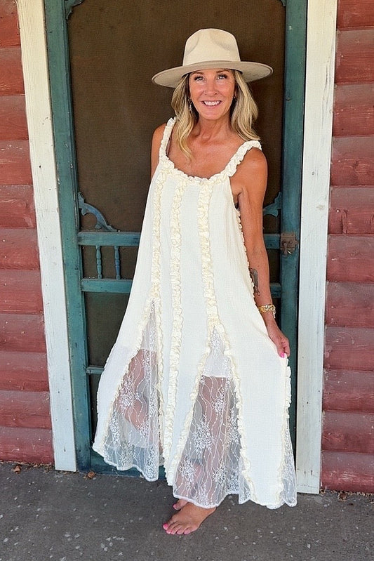 Cream Cascade Ruffles & Lace Tank Dress
