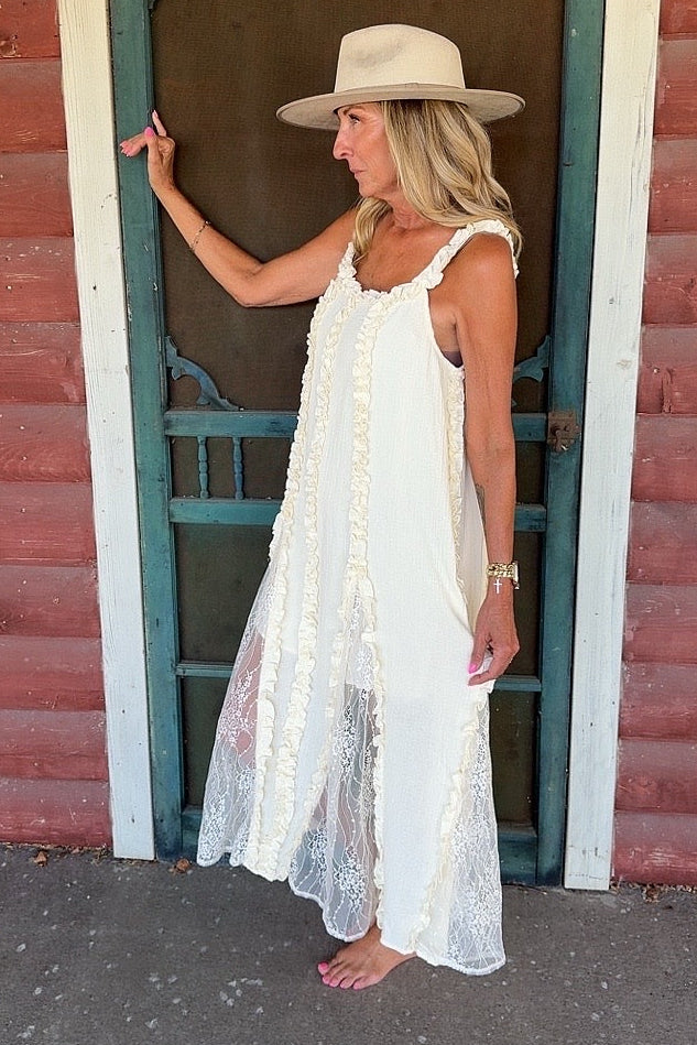 Cream Cascade Ruffles & Lace Tank Dress