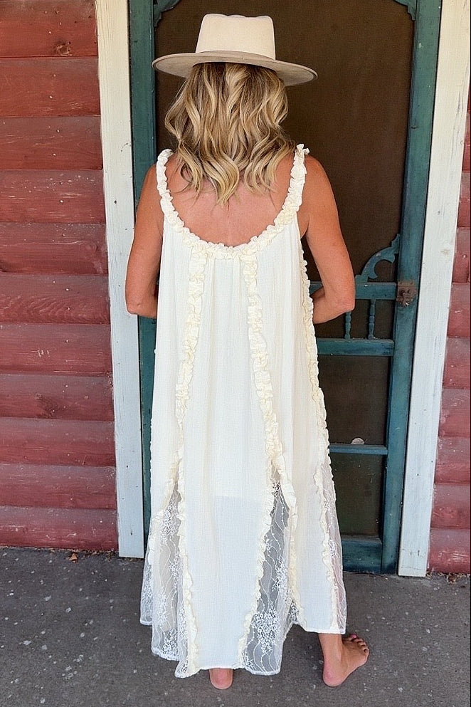 Cream Cascade Ruffles & Lace Tank Dress
