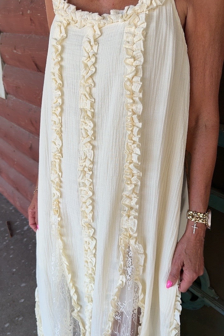 Cream Cascade Ruffles & Lace Tank Dress