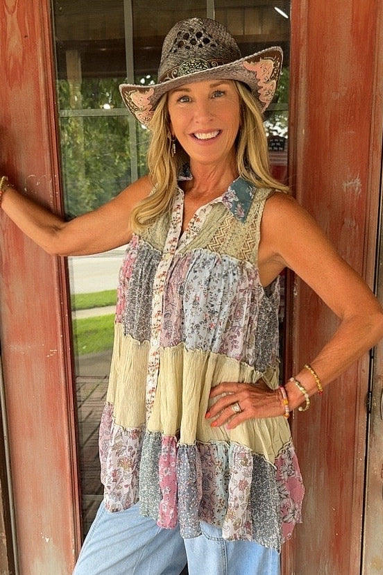 Patchwork Meadow Latte Tank