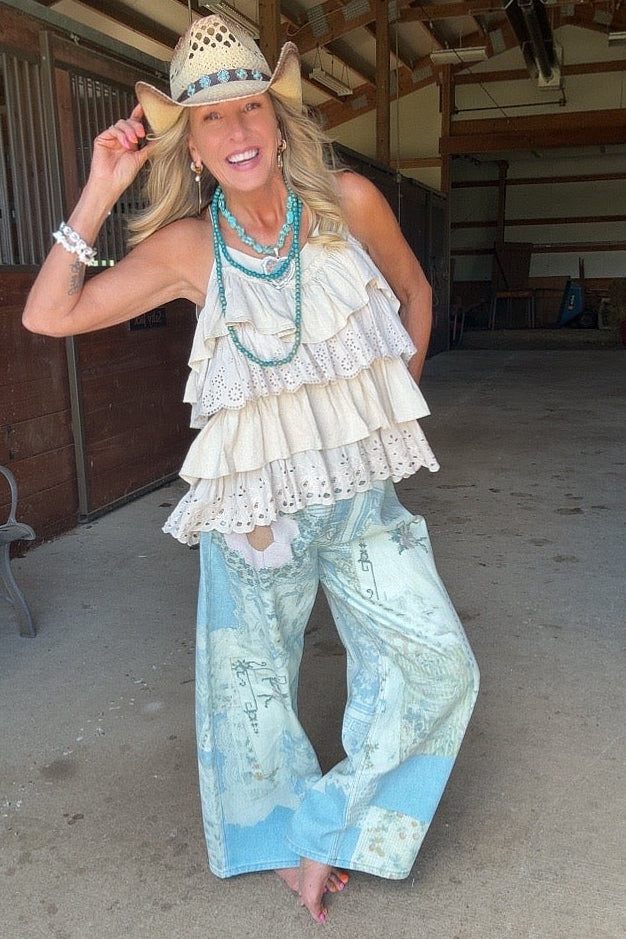 Patch Print Light Denim Barrel Jeans