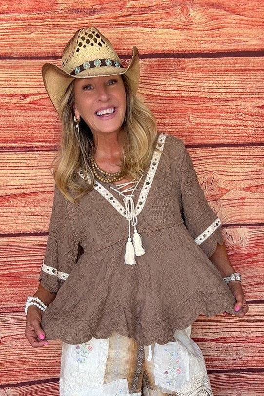 Cocoa Scallop Trim Top