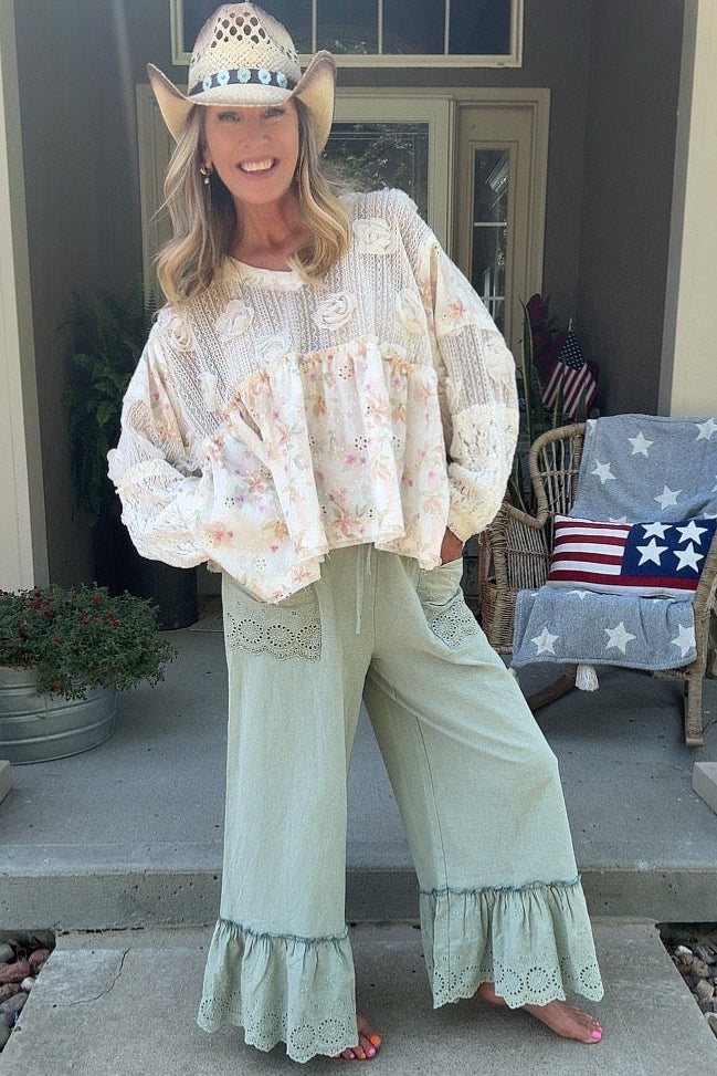 Sage Serenade Ruffle Pants