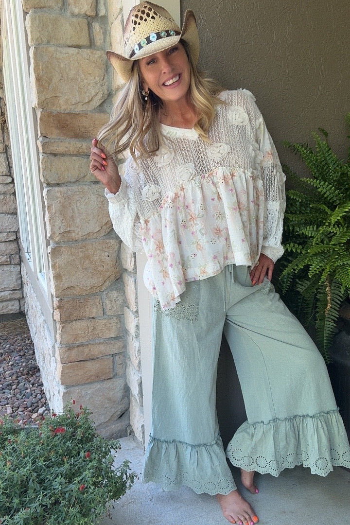 Sage Serenade Ruffle Pants