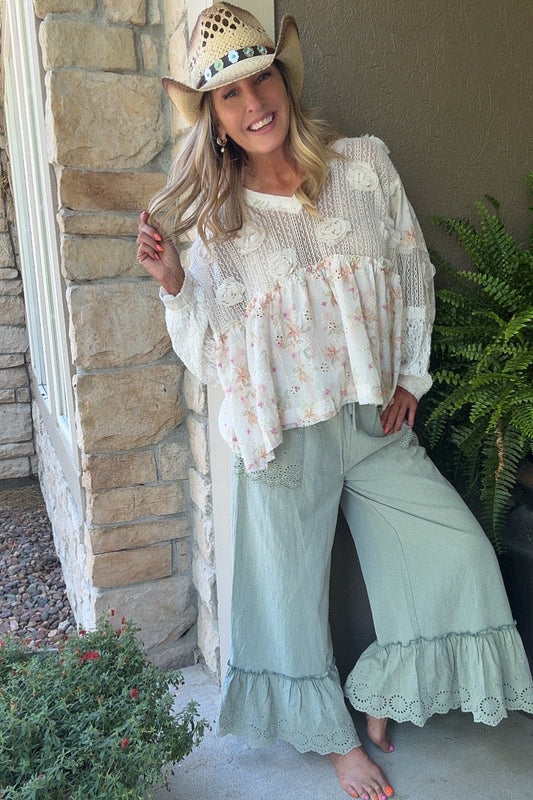 Sage Serenade Ruffle Pants