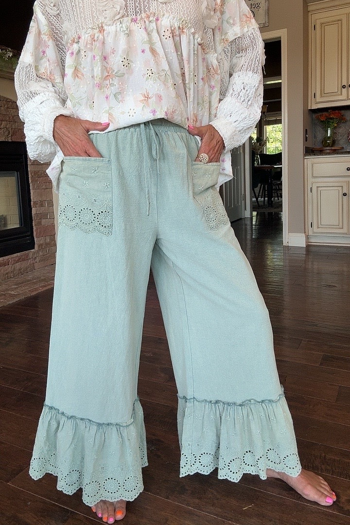 Sage Serenade Ruffle Pants