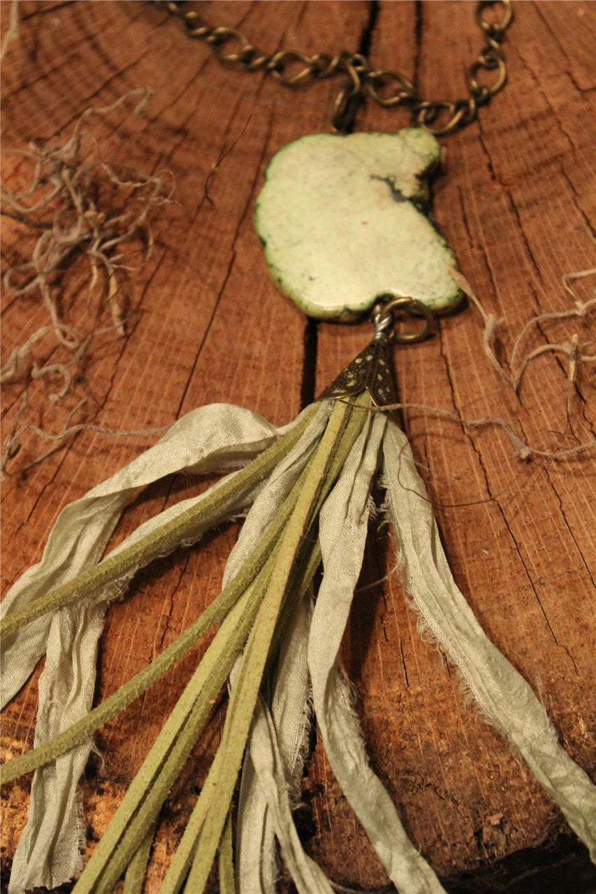 Marbled stone piece, sage marbled beads, turquoise irregular stone, sage leather and fabric   tassel On bronze chain necklace