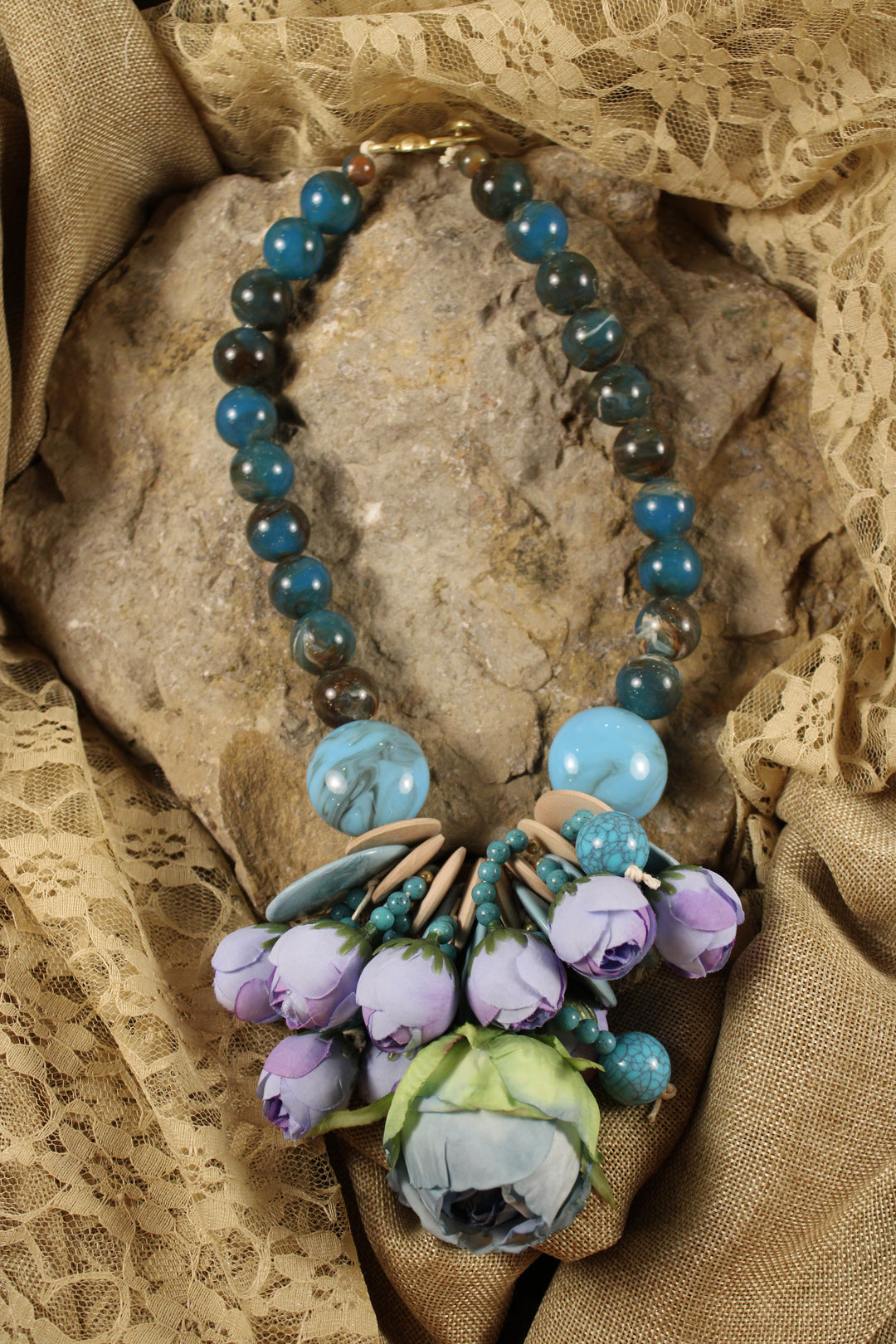 Chunky Rose Teal Necklace
