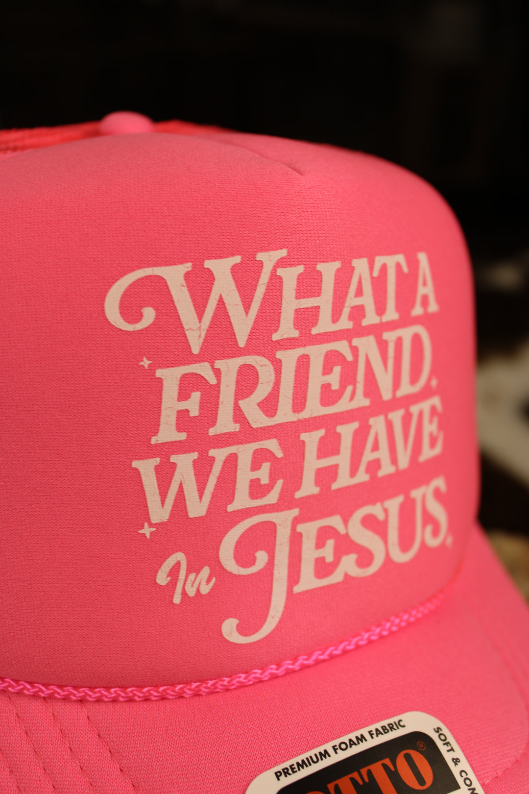 What A Friend We Have In Jesus Neon Pink Trucker Hat