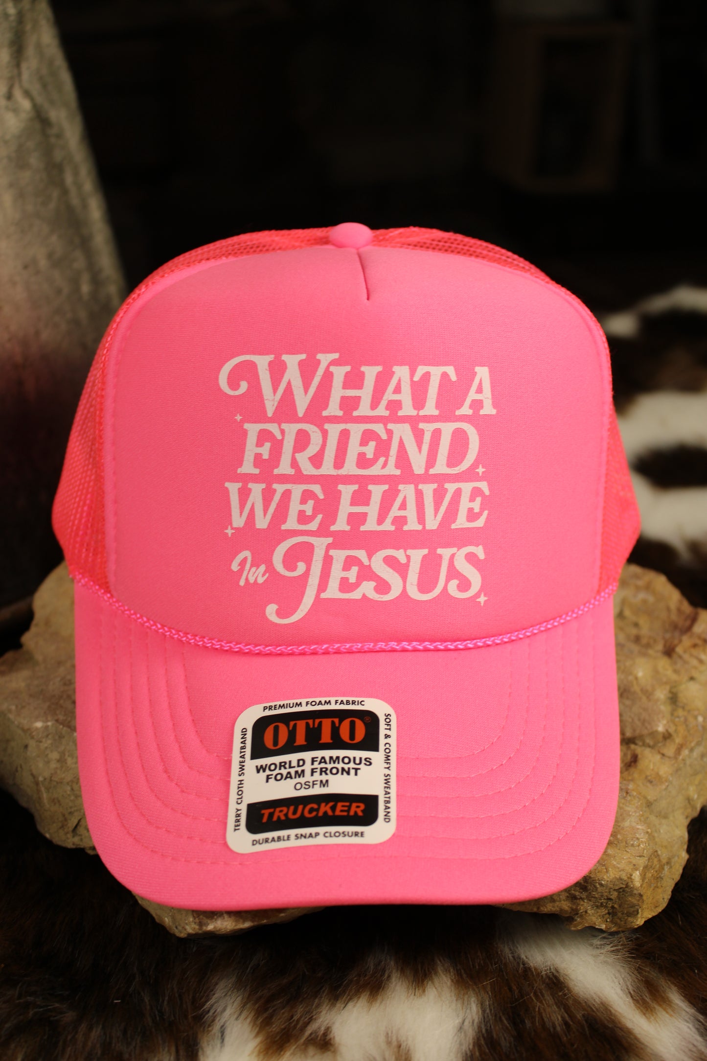 What A Friend We Have In Jesus Neon Pink Trucker Hat