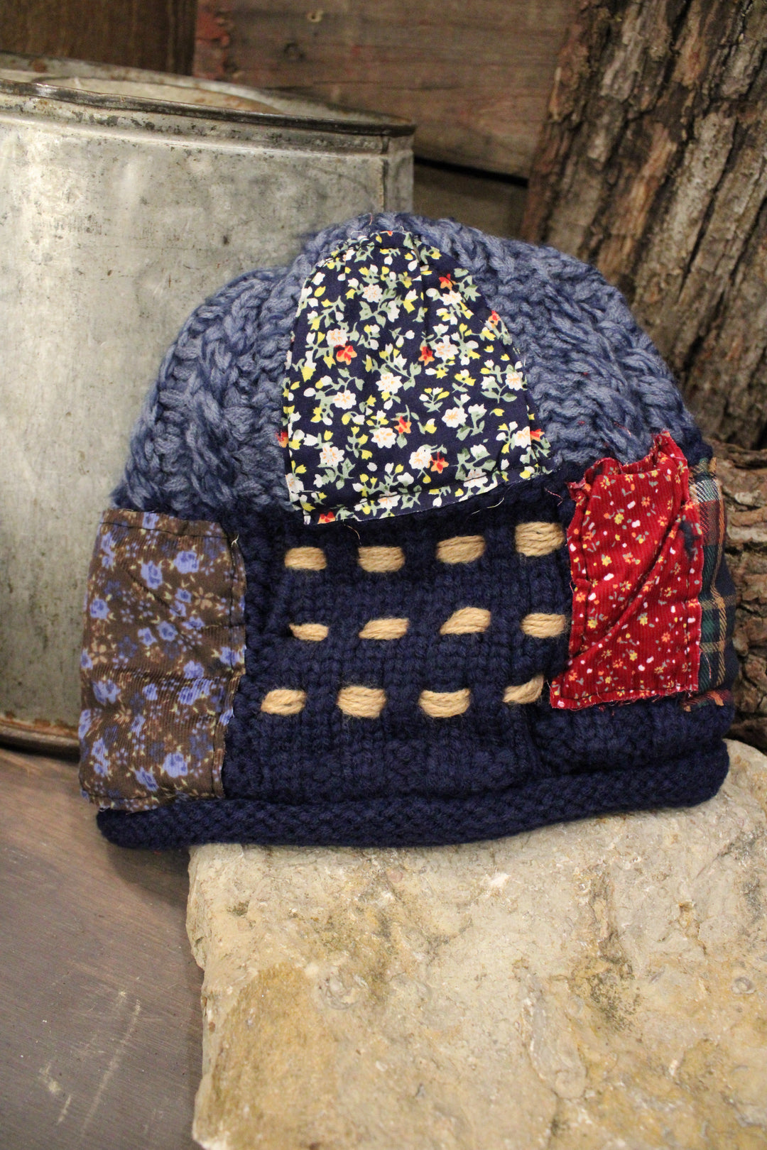 Patchwork Blue Hand-Knit Beanie