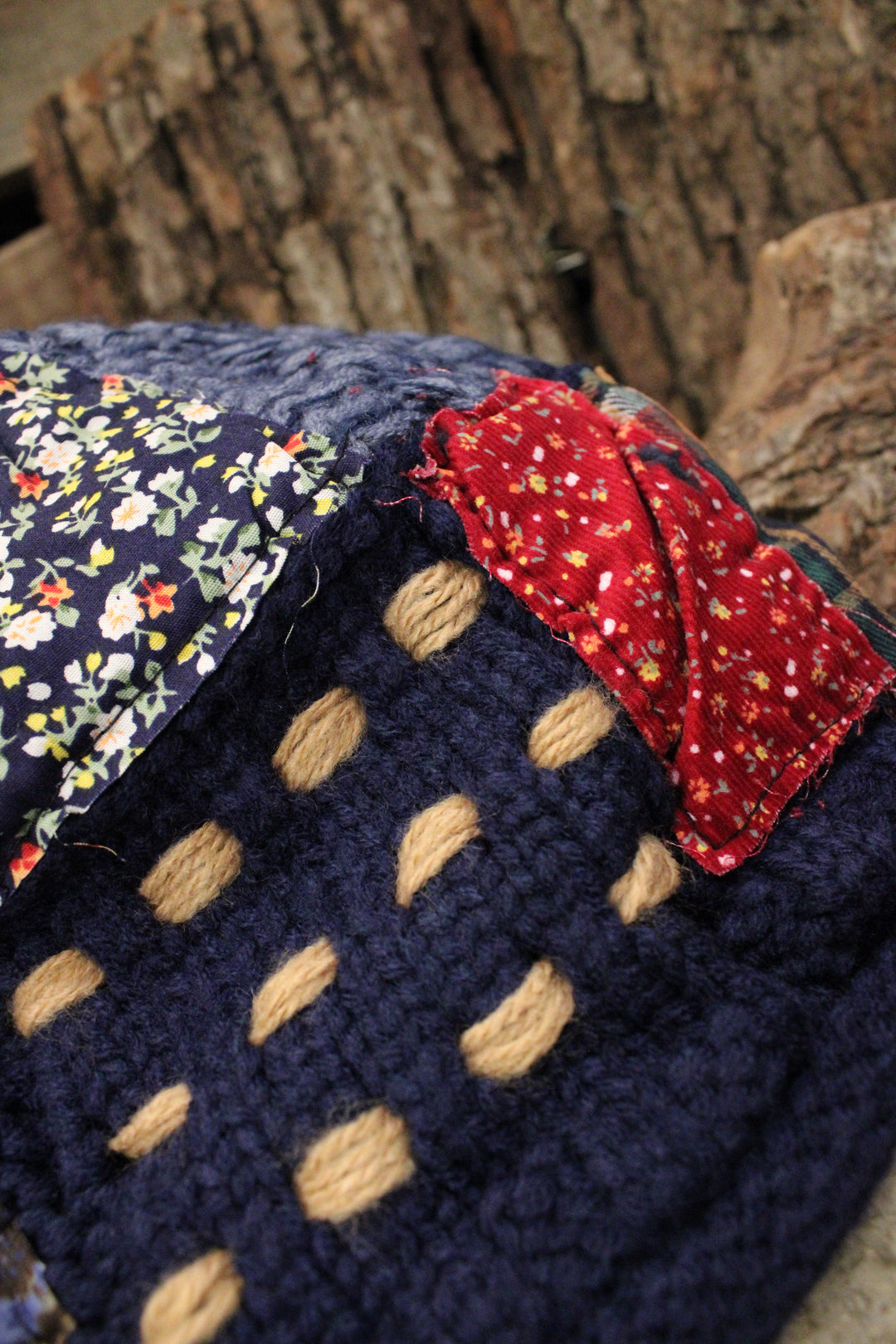 Patchwork Blue Hand-Knit Beanie