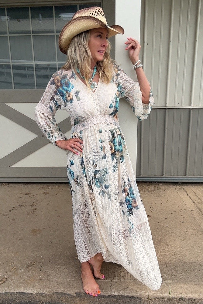 Lead Singer Teal Hibiscus Maxi Dress