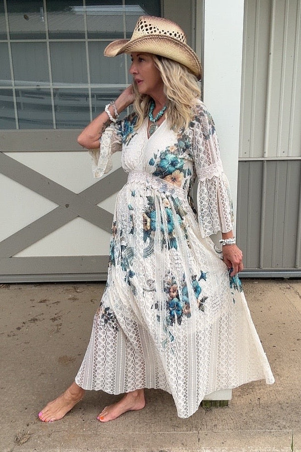 Lead Singer Teal Hibiscus Maxi Dress