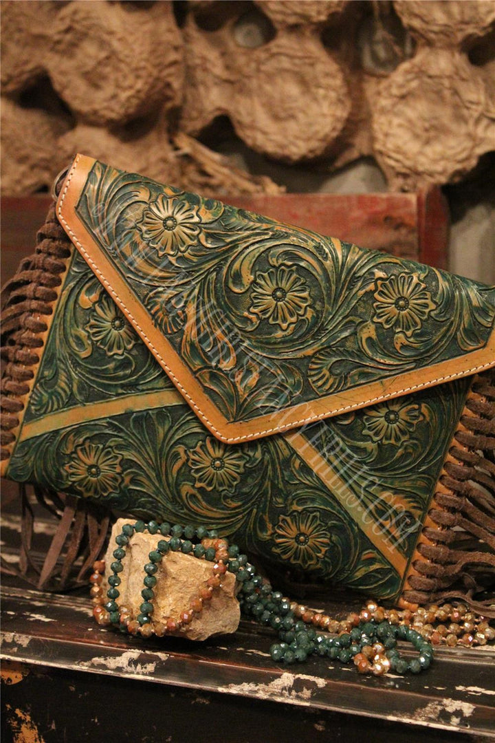 Envelope  Embossed Leather Shoulder Bag  With Fringe, Farm Girls Fancy Frills