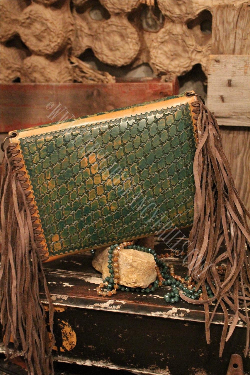 Envelope  Embossed Leather Shoulder Bag  With Fringe, Farm Girls Fancy Frills