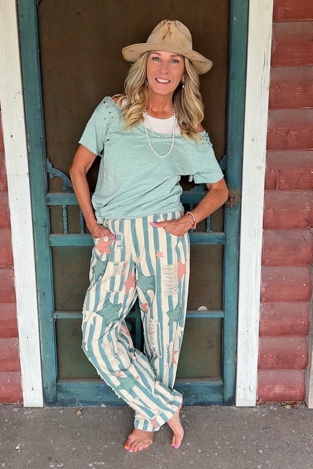 Teal Distressed Cotton Tee