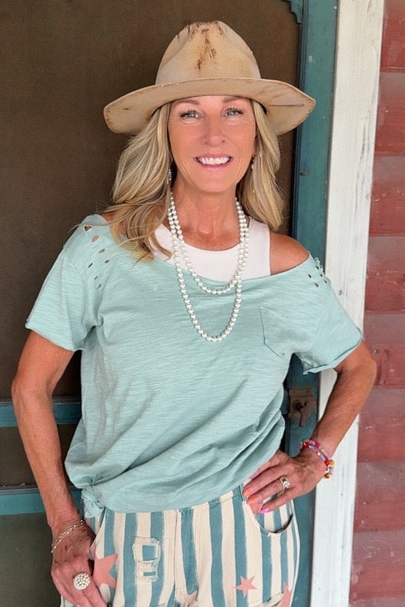 Teal Distressed Cotton Tee
