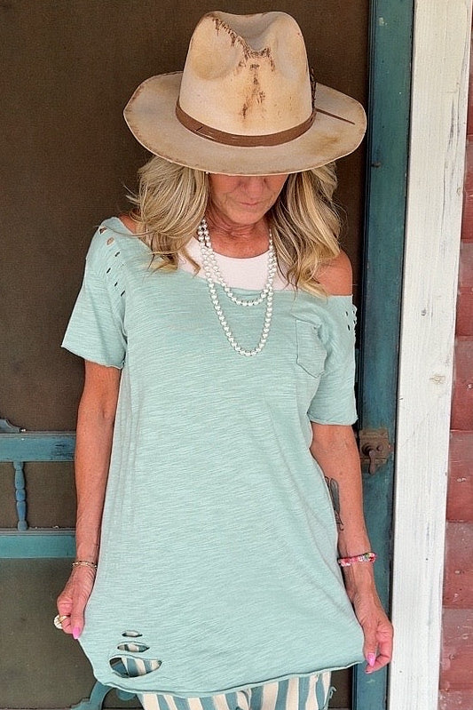 Teal Distressed Cotton Tee