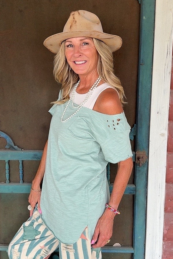 Teal Distressed Cotton Tee