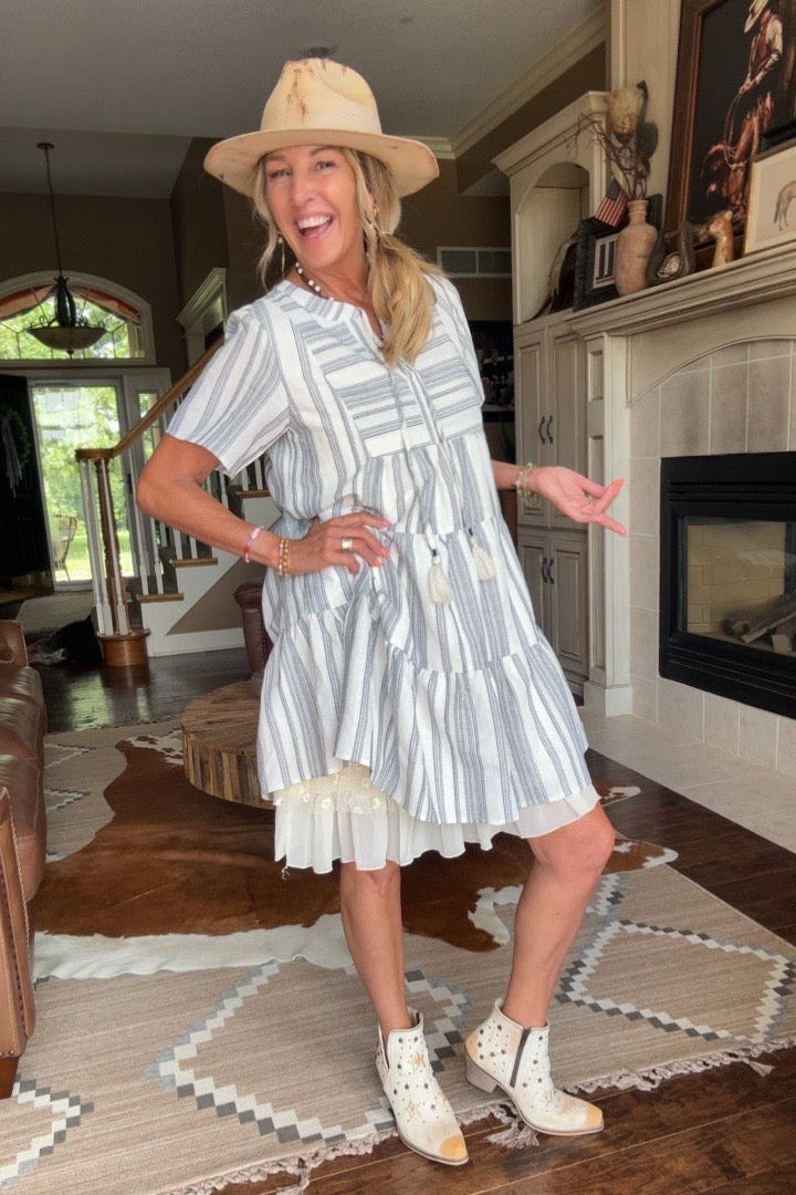 In The Navy Striped Mini Dress