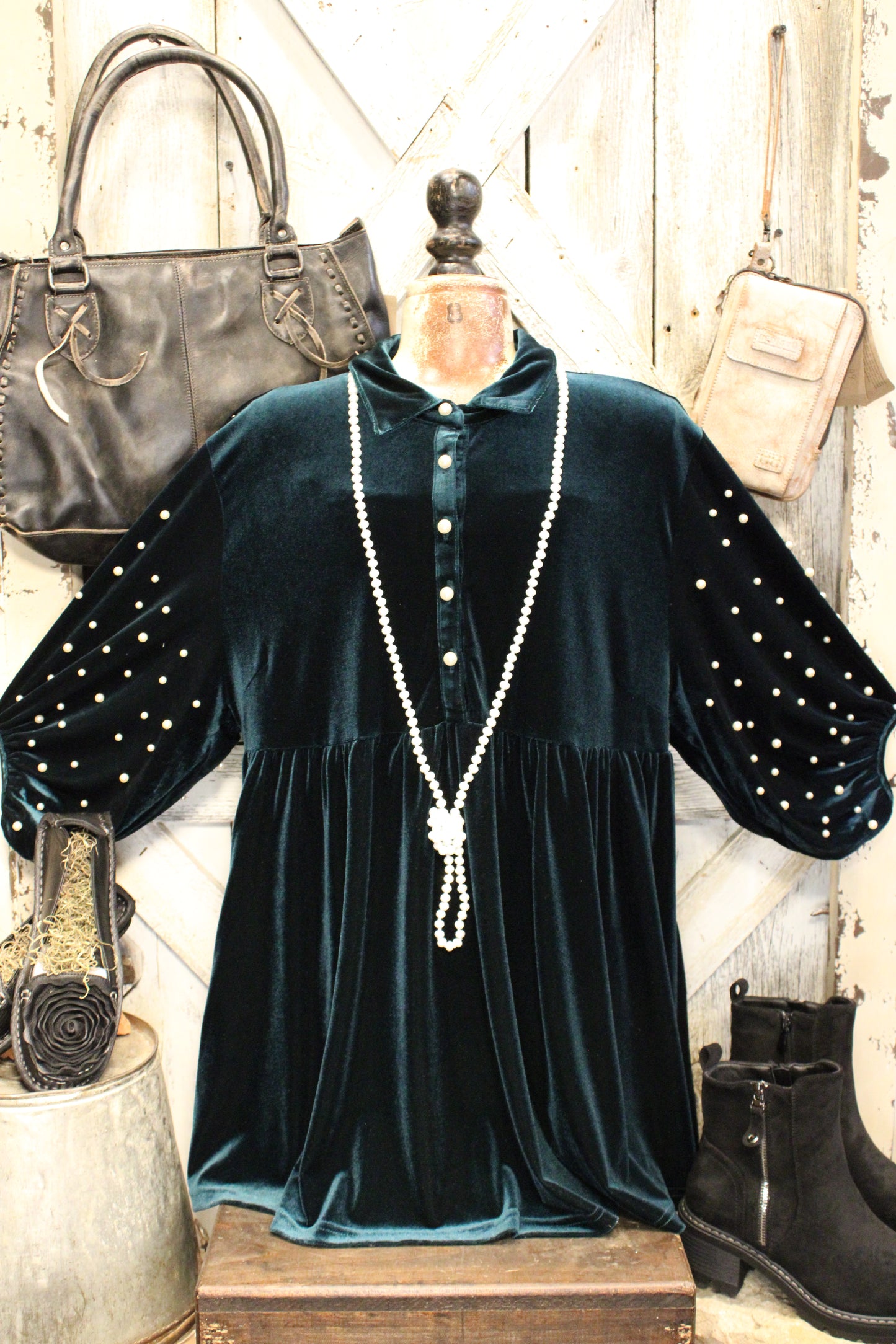 Enchanted Green And Pearls Velvet Tunic