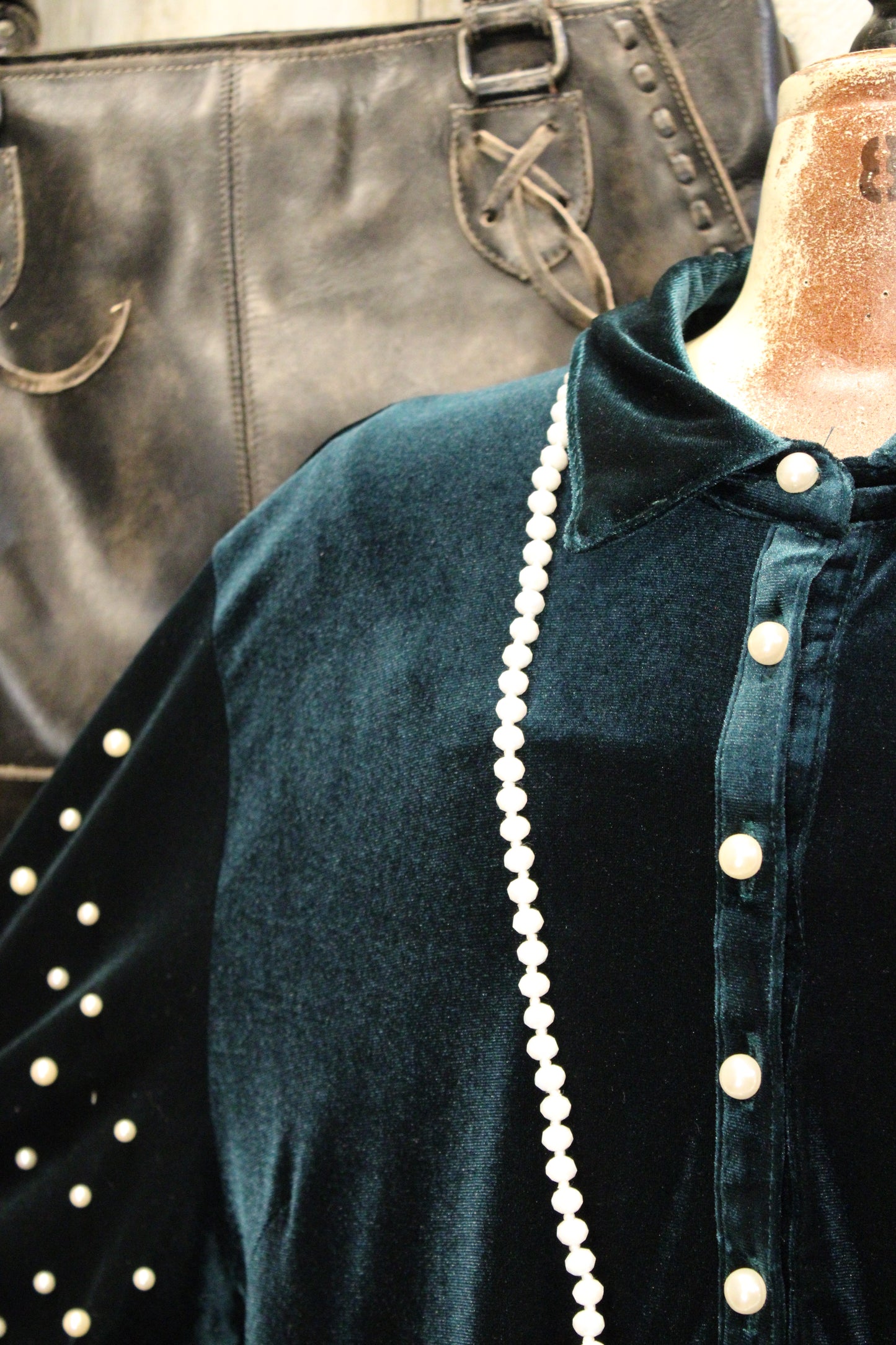 Enchanted Green And Pearls Velvet Tunic