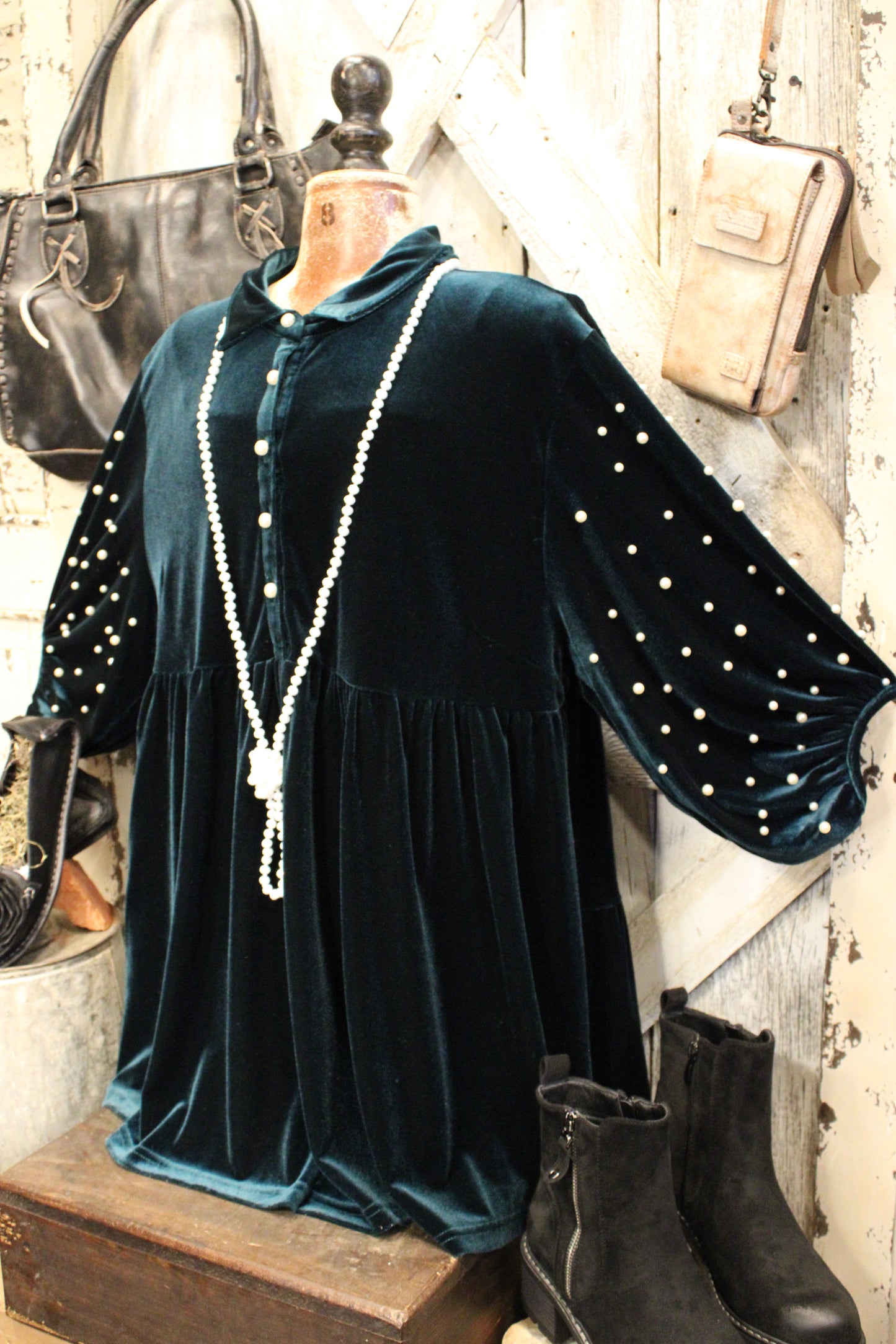 Enchanted Green And Pearls Velvet Tunic