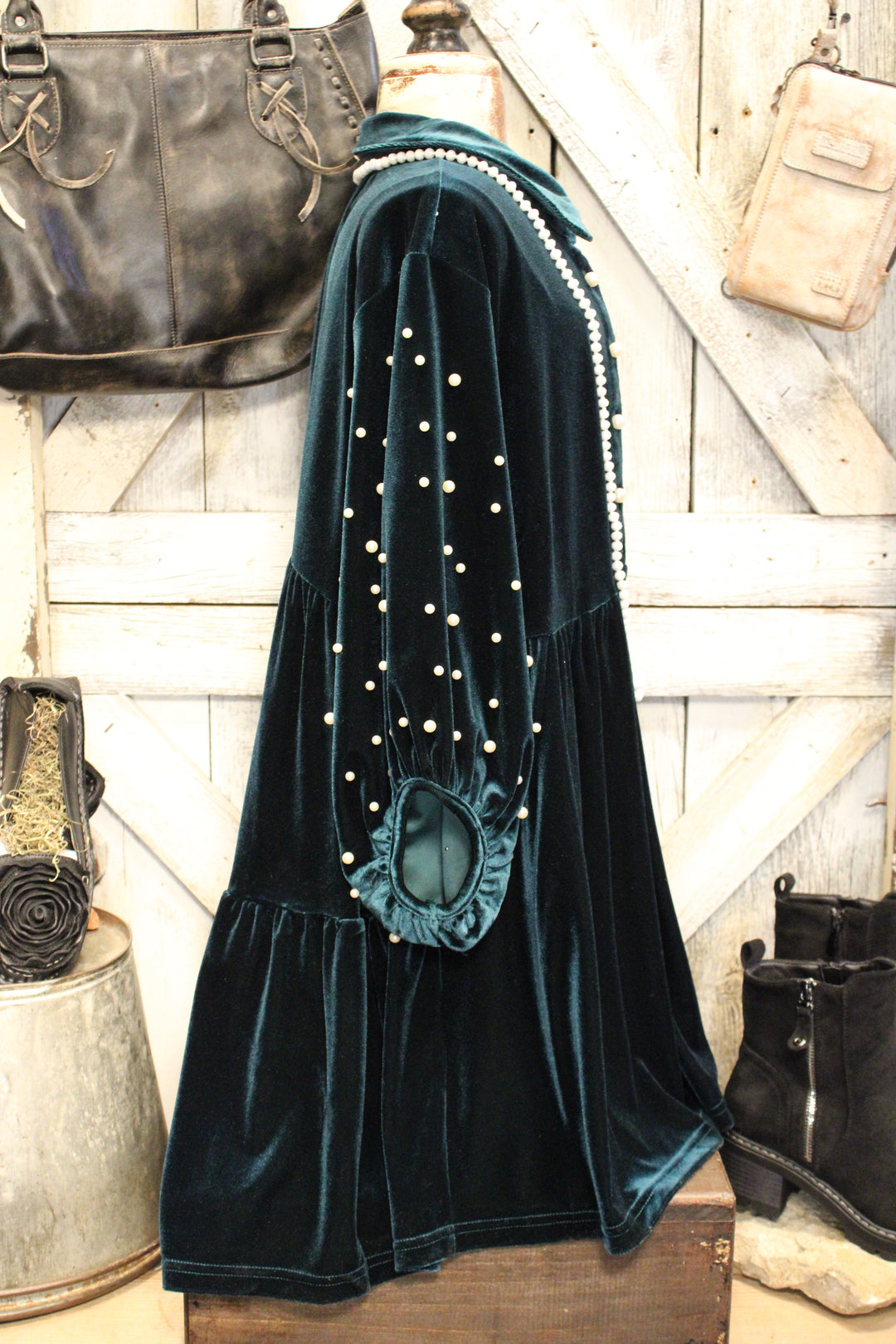 Enchanted Green And Pearls Velvet Tunic