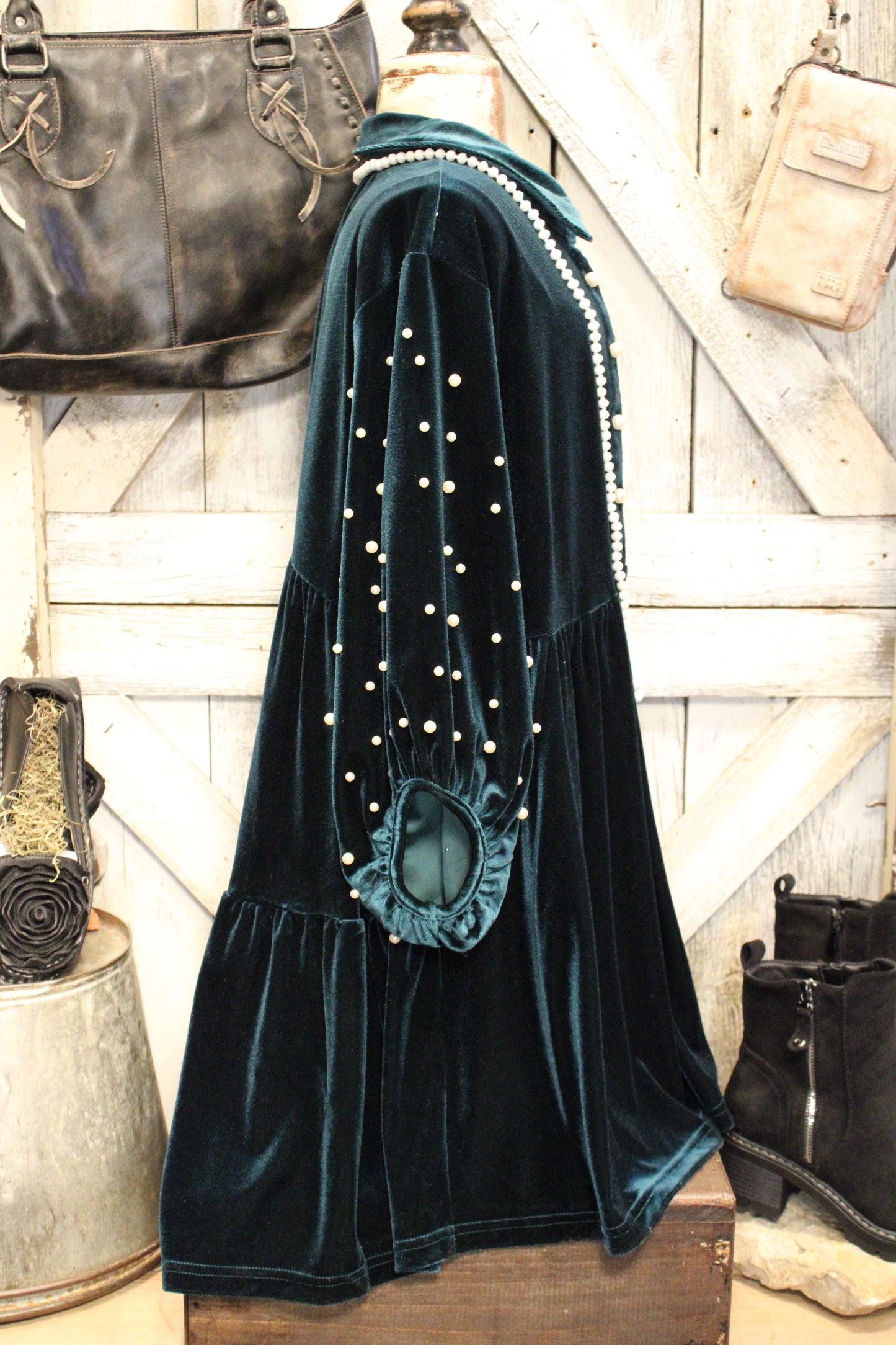 Enchanted Green And Pearls Velvet Tunic