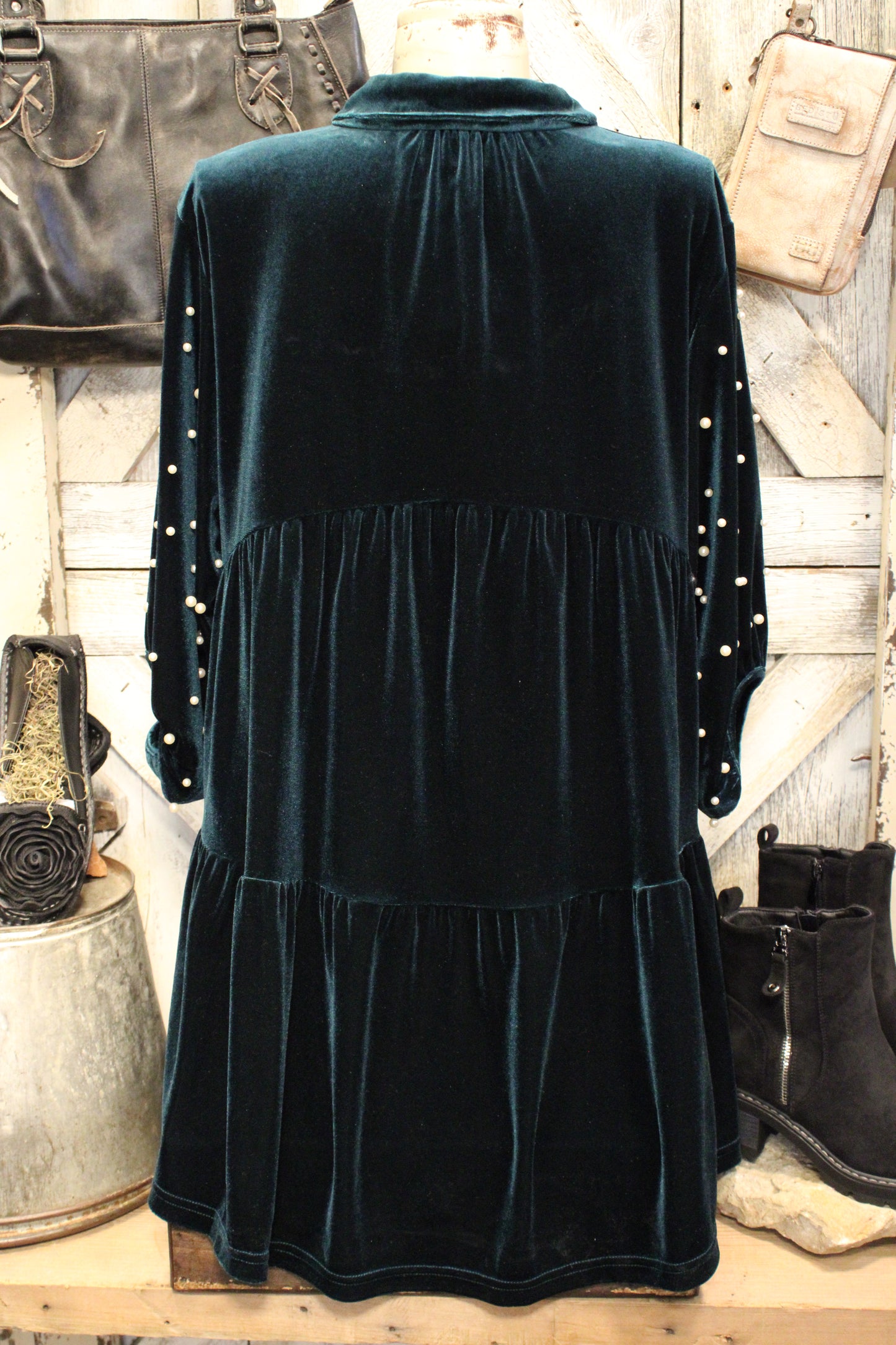 Enchanted Green And Pearls Velvet Tunic