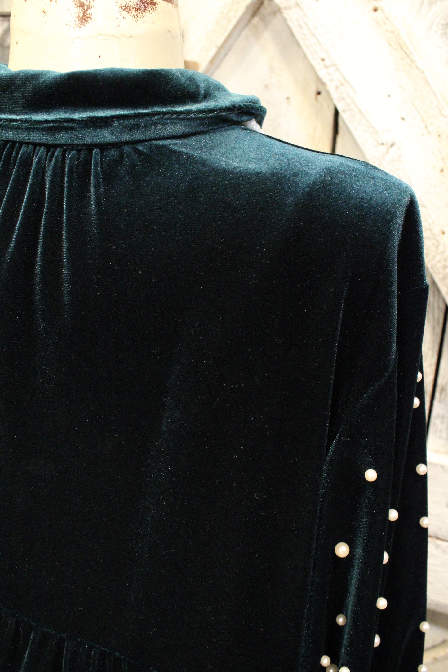 Enchanted Green And Pearls Velvet Tunic