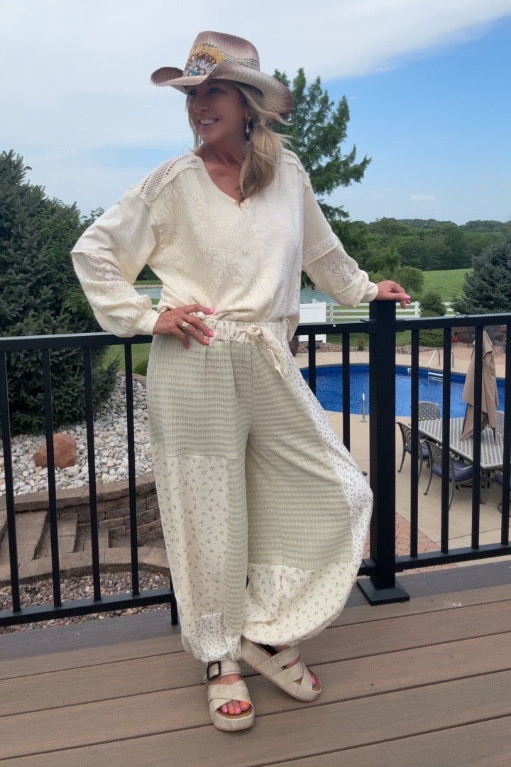 Sage Blossom Patchwork Pants