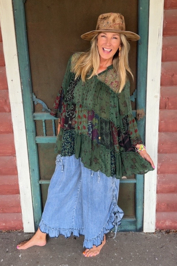 Weekend Hippie Basil Patchwork Tunic