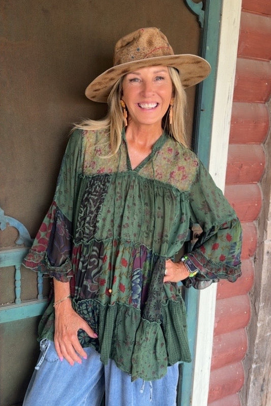 Weekend Hippie Basil Patchwork Tunic