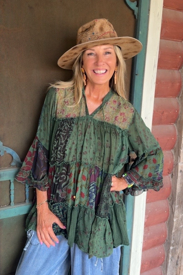Weekend Hippie Basil Patchwork Tunic