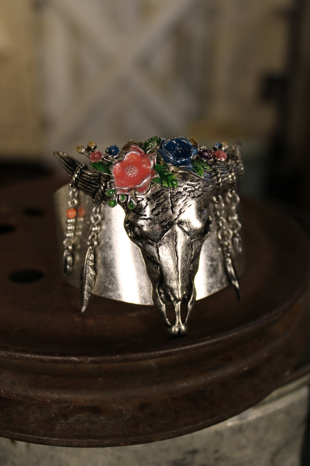 Steer Skull and Blossom Cuff