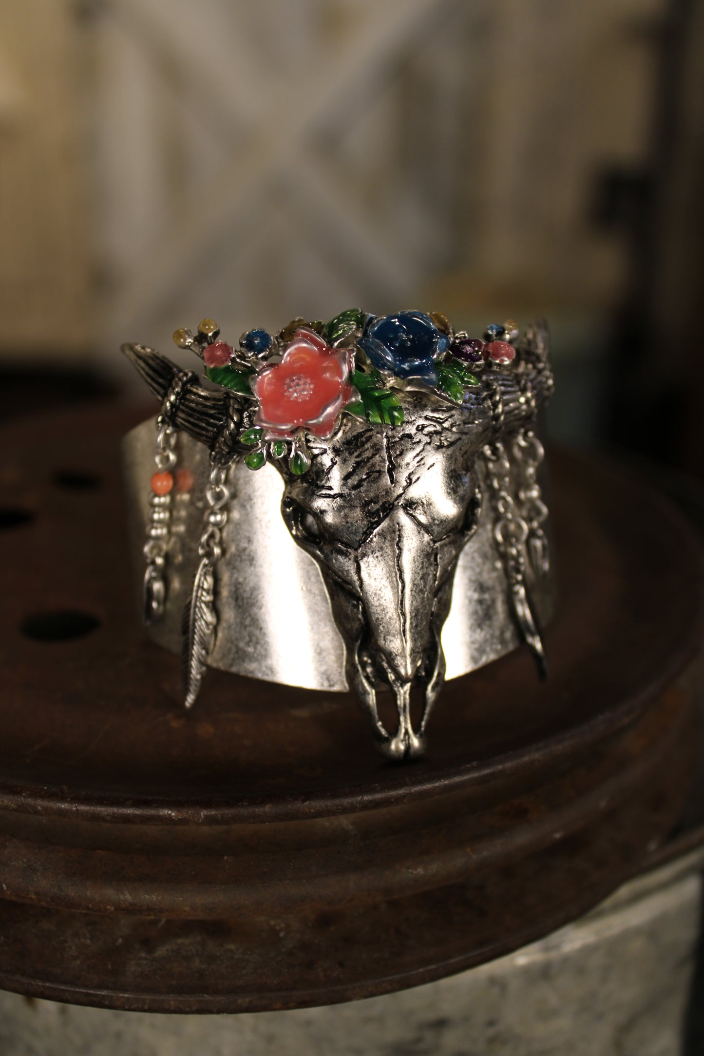 Steer Skull and Blossom Cuff