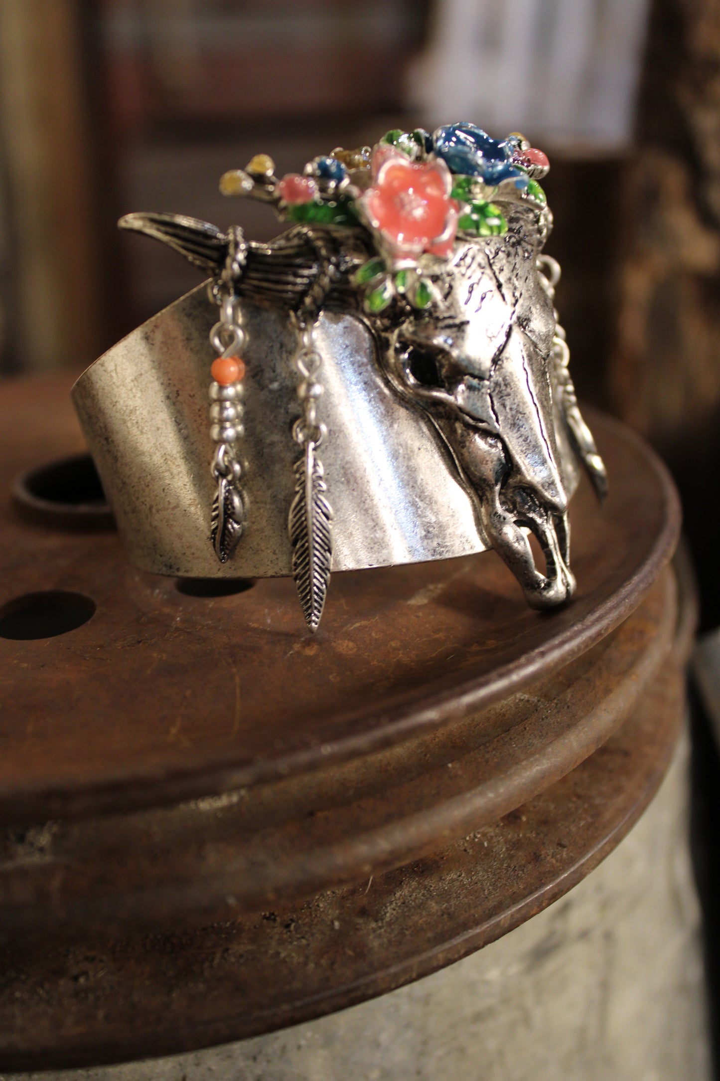 Steer Skull and Blossom Cuff