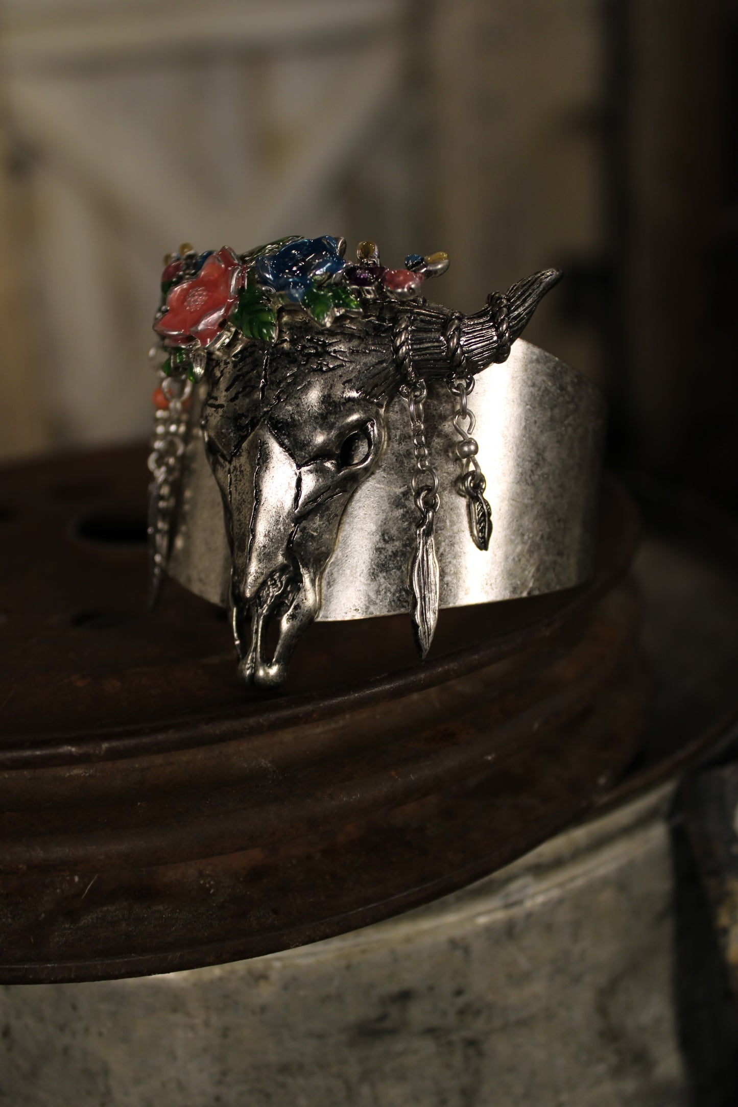 Steer Skull and Blossom Cuff
