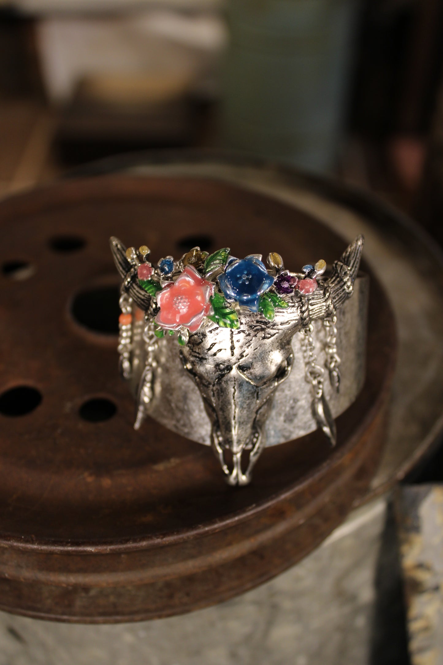 Steer Skull and Blossom Cuff