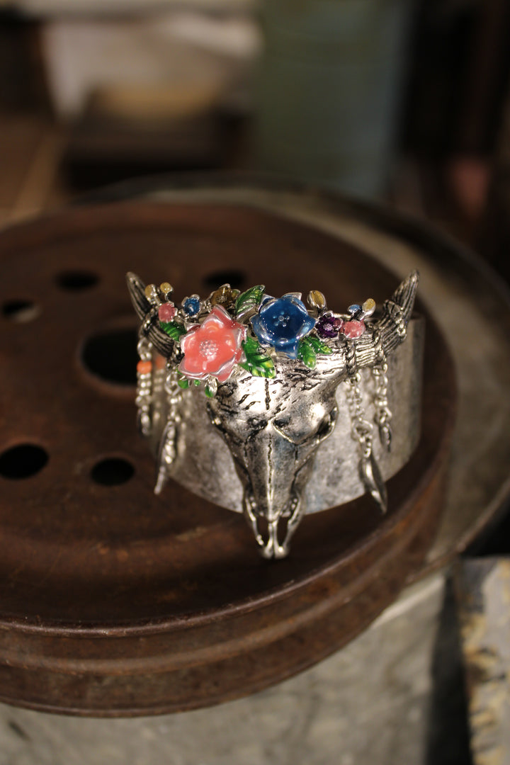Steer Skull and Blossom Cuff
